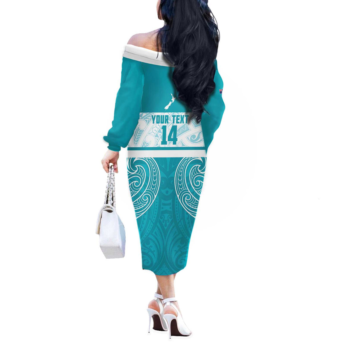 New Zealand Silver Fern Cricket Custom Off The Shoulder Long Sleeve Dress Black Cap Teal Maori Pattern - Polynesian Pride