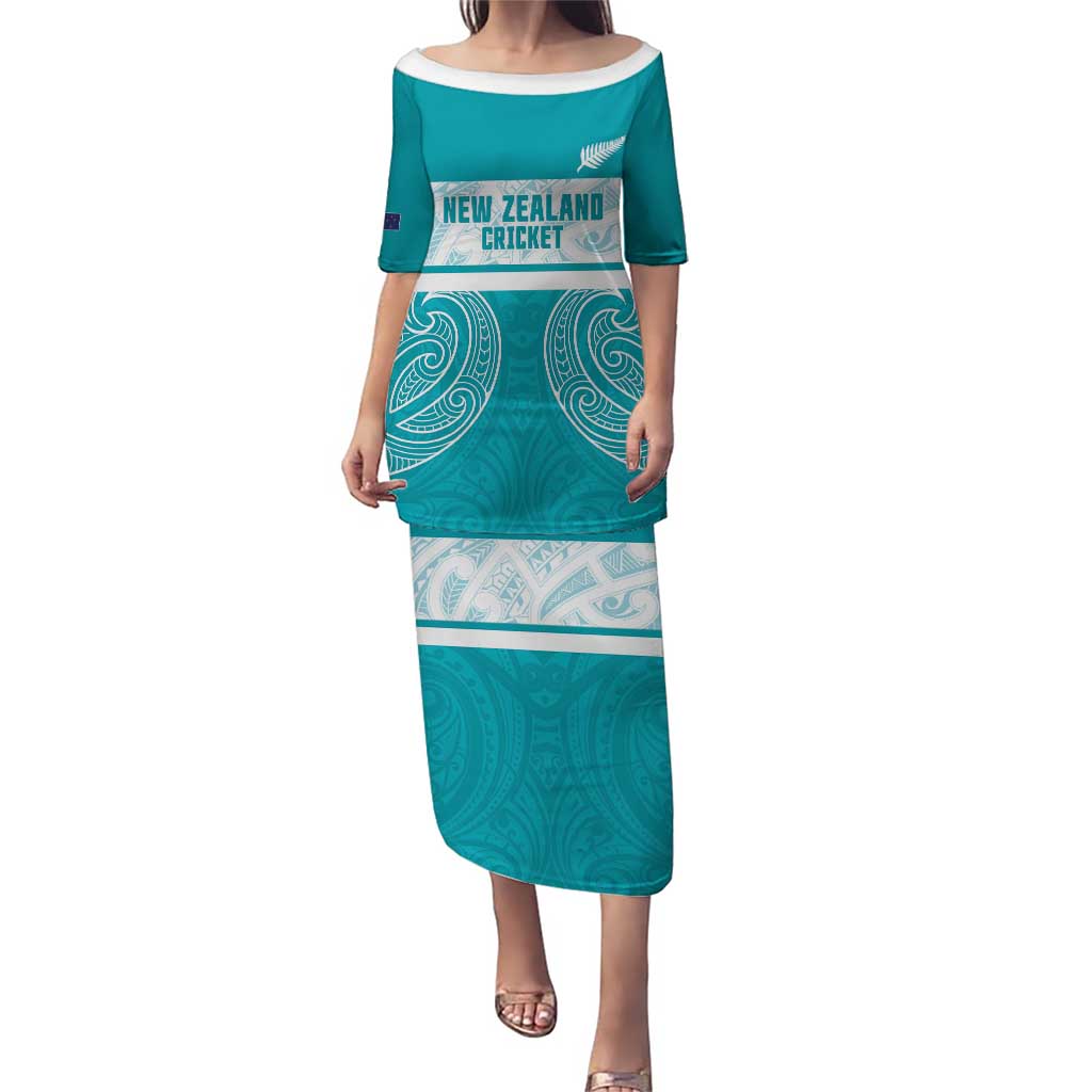 New Zealand Silver Fern Cricket Custom Puletasi Black Cap Teal Maori Pattern - Polynesian Pride