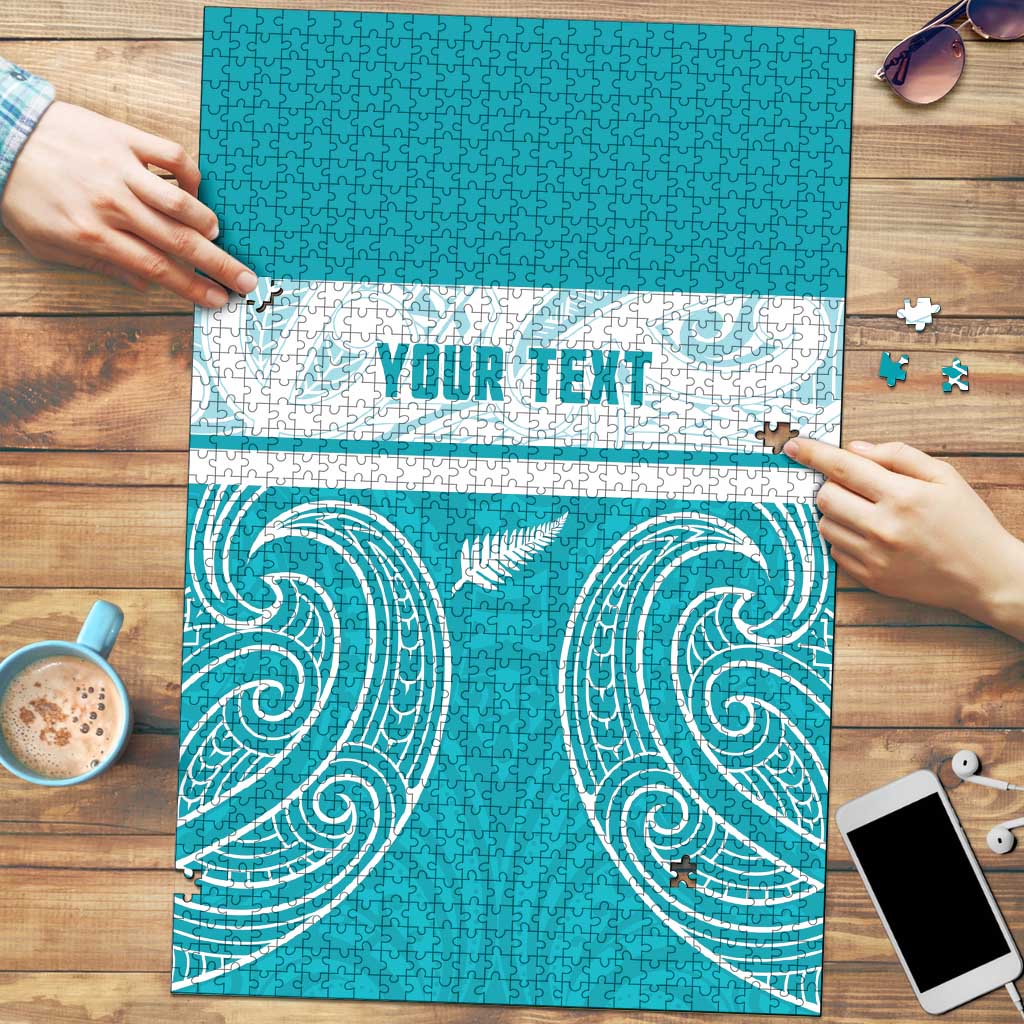 New Zealand Silver Fern Cricket Custom Puzzle Black Cap Teal Maori Pattern - Polynesian Pride