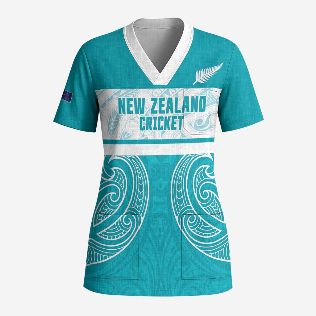 New Zealand Silver Fern Cricket Custom Scrub Top Black Cap Teal Maori Pattern - Polynesian Pride
