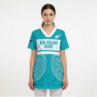 New Zealand Silver Fern Cricket Custom Scrub Top Black Cap Teal Maori Pattern - Polynesian Pride