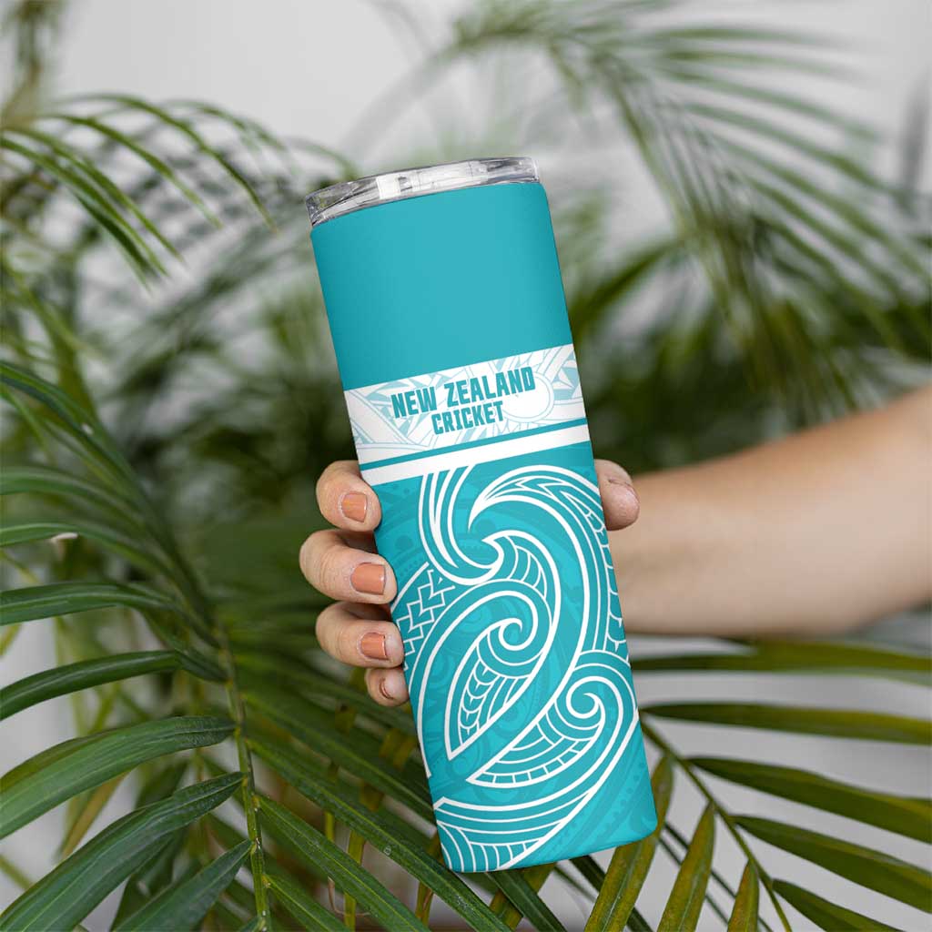 New Zealand Silver Fern Cricket Custom Skinny Tumbler Black Cap Teal Maori Pattern - Polynesian Pride
