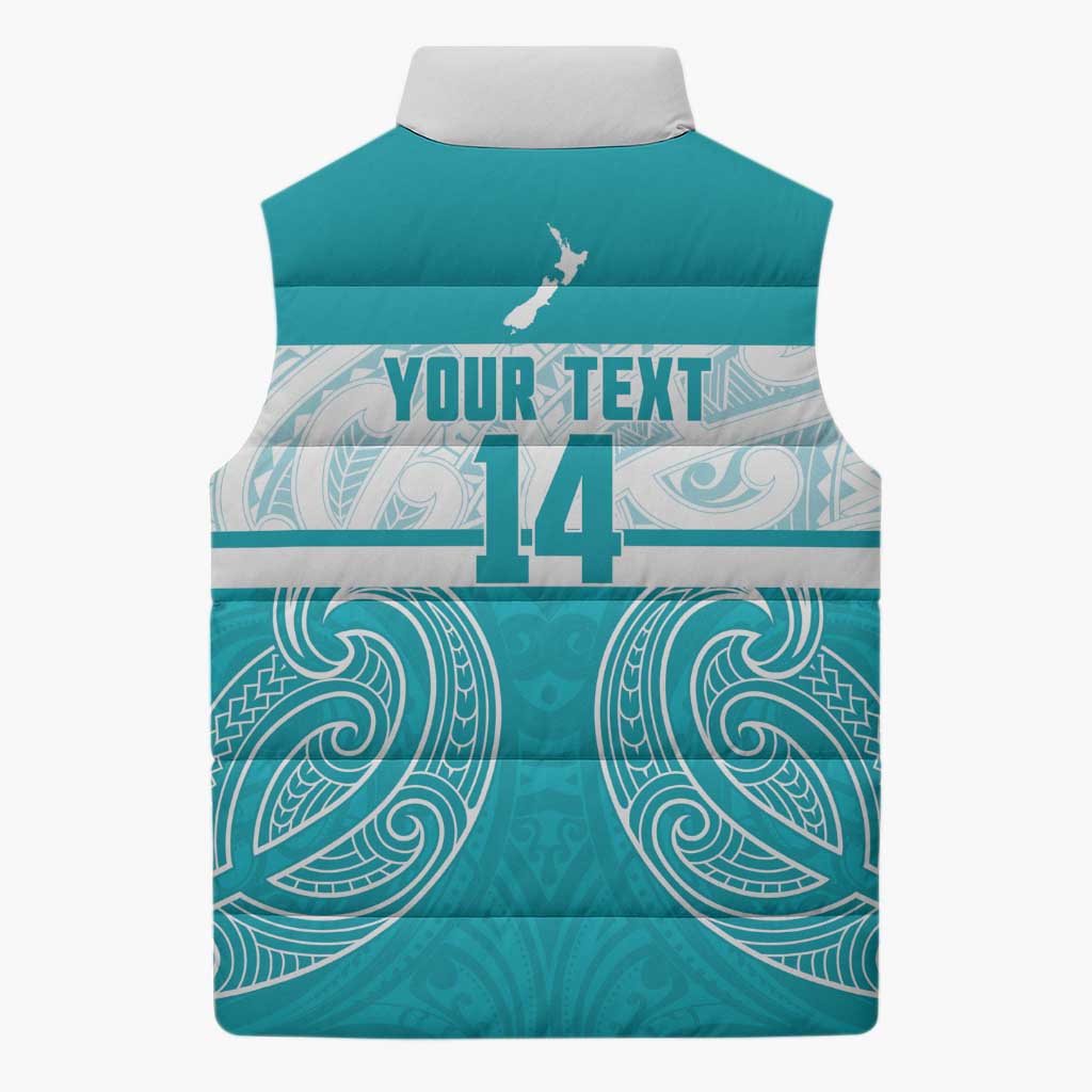New Zealand Silver Fern Cricket Custom Sleeveless Puffer Jacket Black Cap Teal Maori Pattern - Polynesian Pride