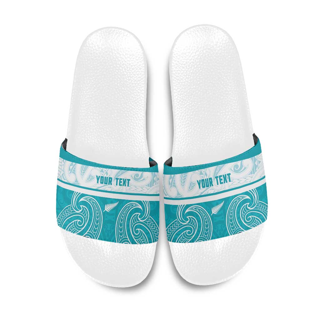 New Zealand Silver Fern Cricket Custom Slide Sandals Black Cap Teal Maori Pattern - Polynesian Pride