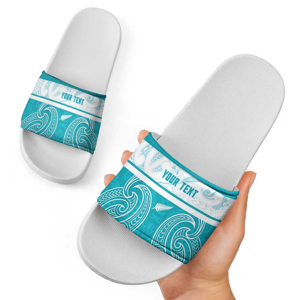 New Zealand Silver Fern Cricket Custom Slide Sandals Black Cap Teal Maori Pattern - Polynesian Pride
