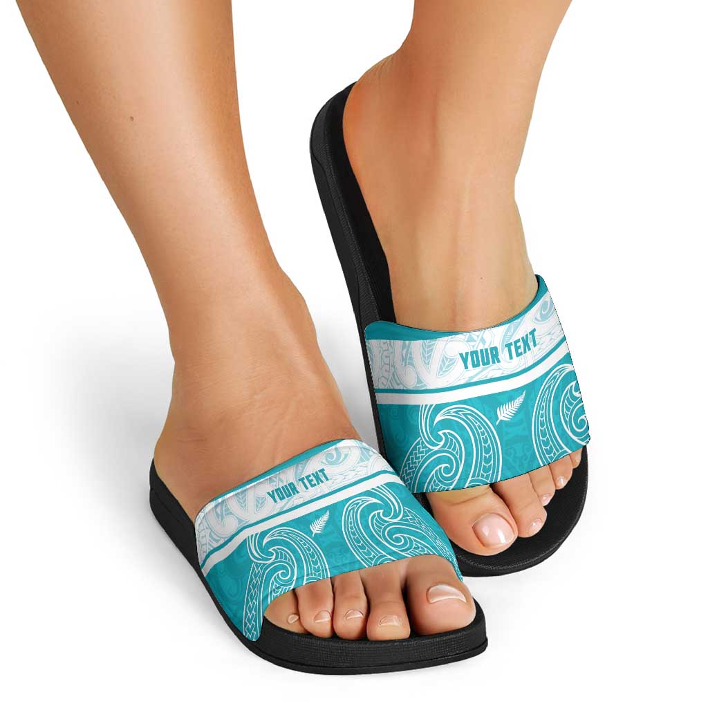New Zealand Silver Fern Cricket Custom Slide Sandals Black Cap Teal Maori Pattern - Polynesian Pride