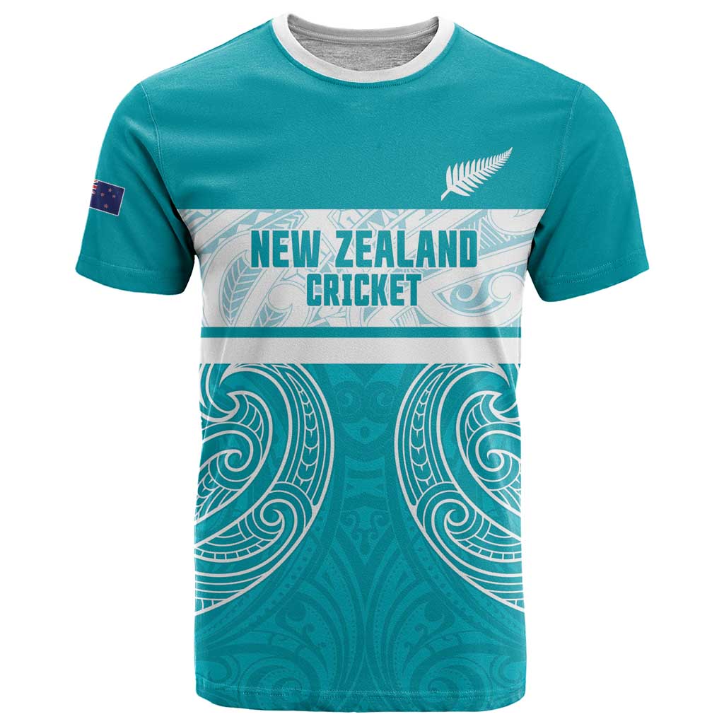 New Zealand Silver Fern Cricket Custom T Shirt Black Cap Teal Maori Pattern - Polynesian Pride