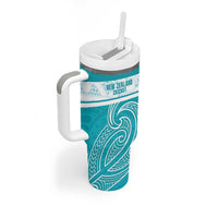New Zealand Silver Fern Cricket Custom Tumbler With Handle Black Cap Teal Maori Pattern - Polynesian Pride