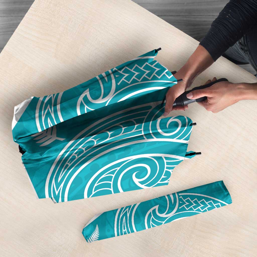 New Zealand Silver Fern Cricket Custom Umbrella Black Cap Teal Maori Pattern - Polynesian Pride