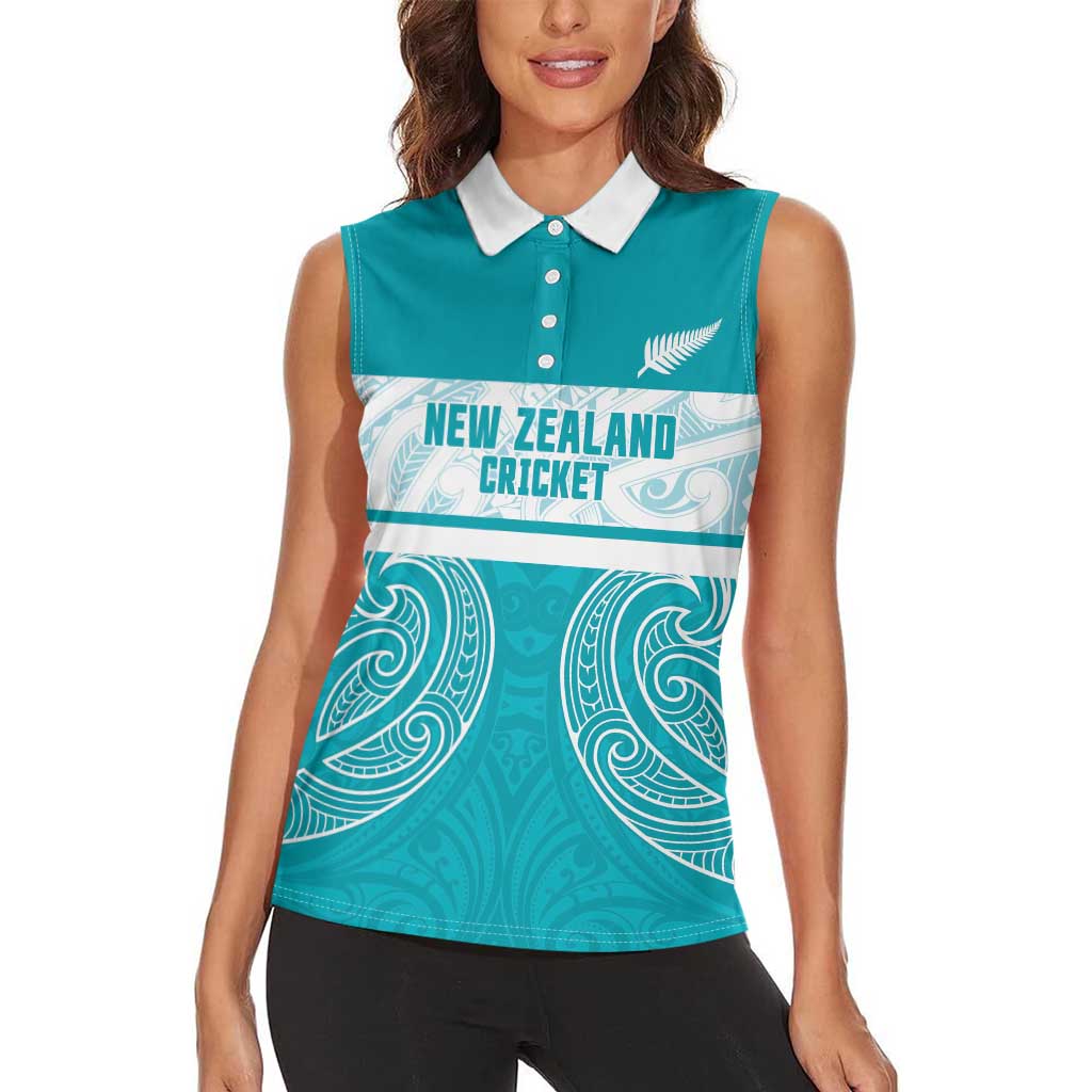 New Zealand Silver Fern Cricket Custom Women Sleeveless Polo Shirt Black Cap Teal Maori Pattern - Polynesian Pride