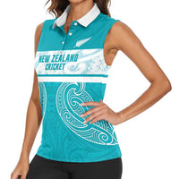 New Zealand Silver Fern Cricket Custom Women Sleeveless Polo Shirt Black Cap Teal Maori Pattern - Polynesian Pride