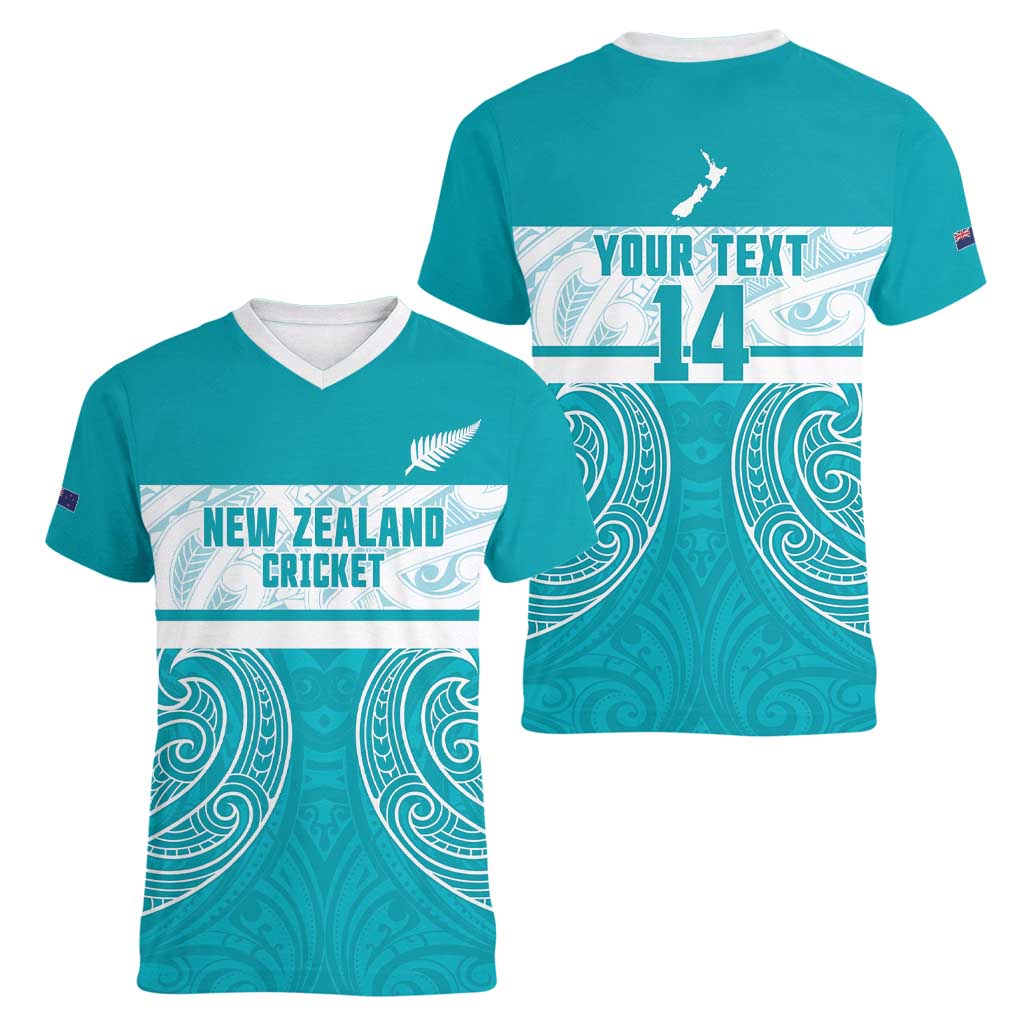 New Zealand Silver Fern Cricket Custom Women V-Neck T-Shirt Black Cap Teal Maori Pattern - Polynesian Pride