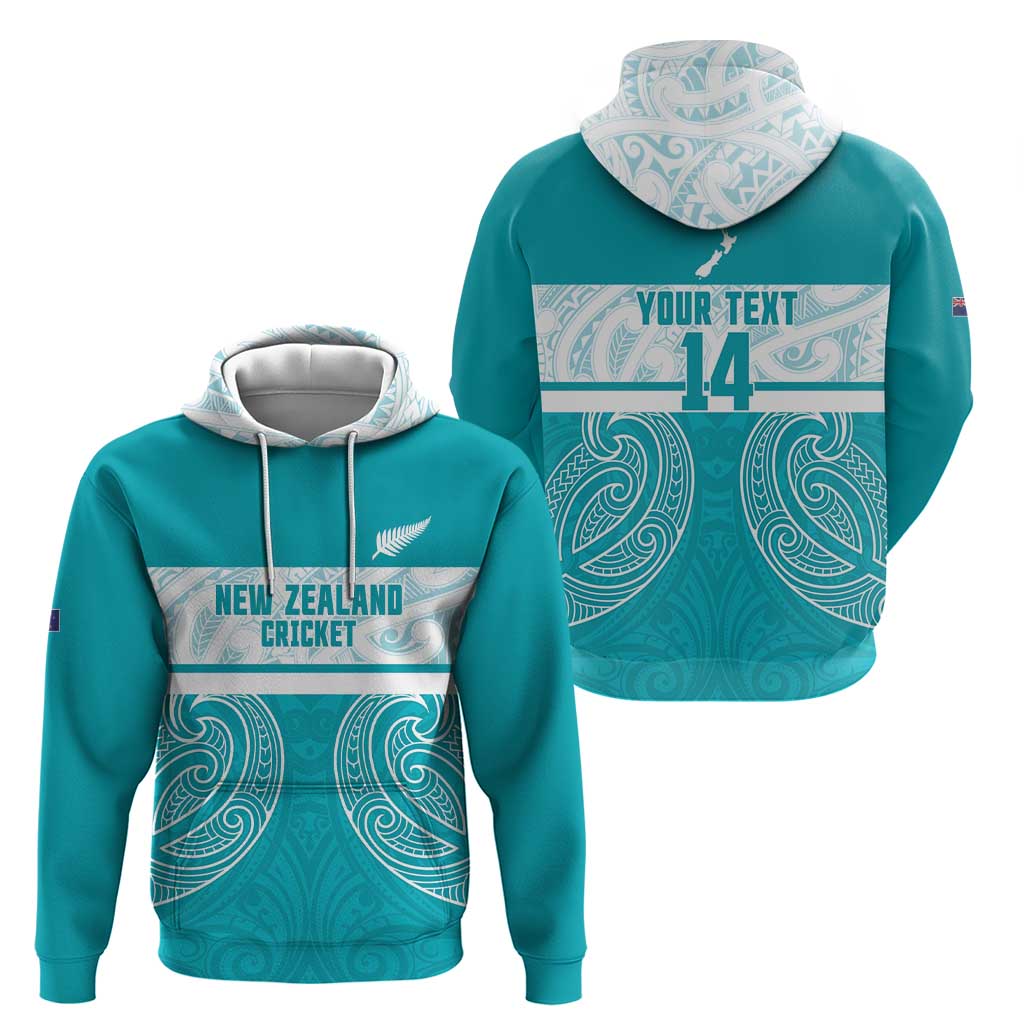 New Zealand Silver Fern Cricket Custom Zip Hoodie Black Cap Teal Maori Pattern - Polynesian Pride