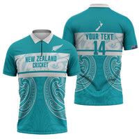 New Zealand Silver Fern Cricket Custom Zipper Polo Shirt Black Cap Teal Maori Pattern - Polynesian Pride
