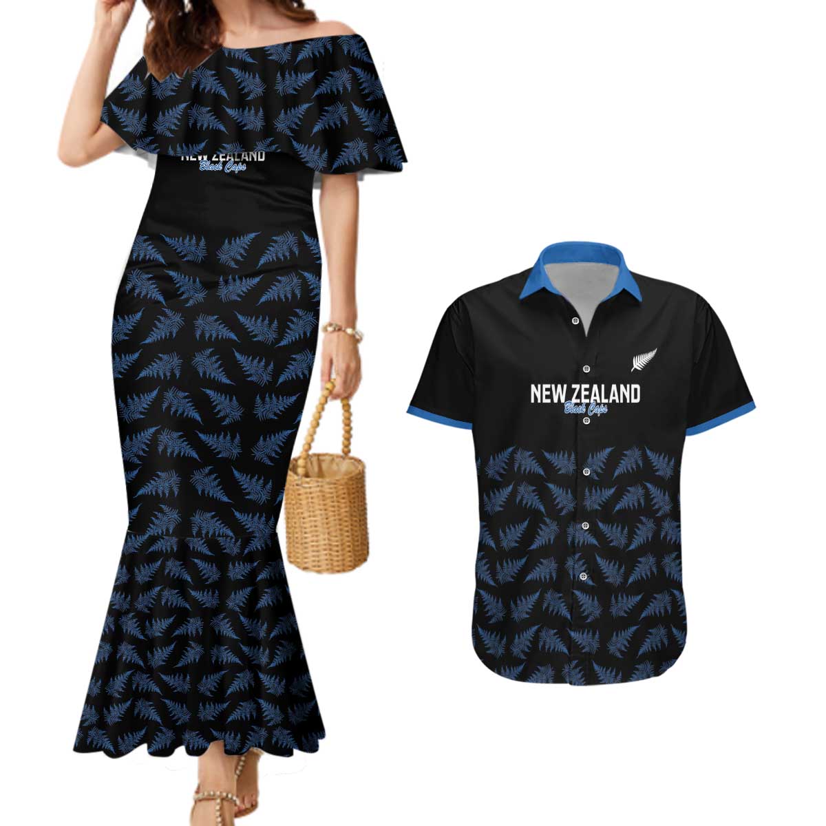 New Zealand Silver Fern Cricket Custom Couples Matching Mermaid Dress and Hawaiian Shirt Black Cap T20 Version - Polynesian Pride