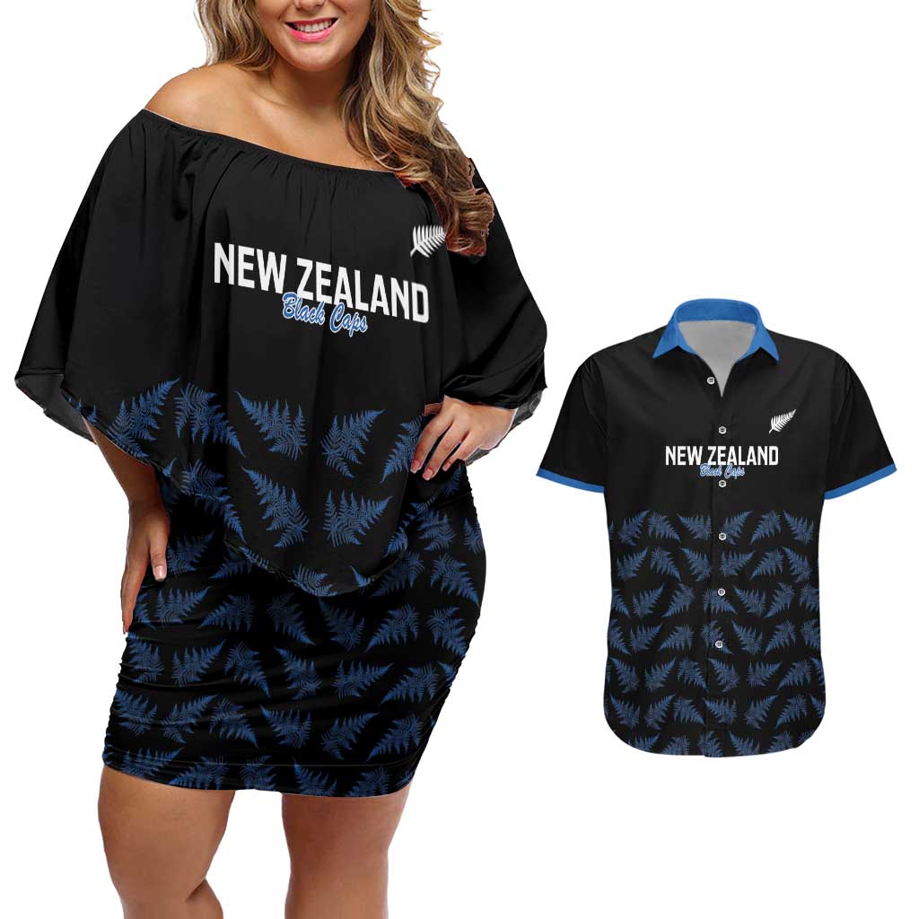 New Zealand Silver Fern Cricket Custom Couples Matching Off Shoulder Short Dress and Hawaiian Shirt Black Cap T20 Version - Polynesian Pride