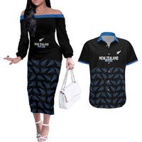 New Zealand Silver Fern Cricket Custom Couples Matching Off The Shoulder Long Sleeve Dress and Hawaiian Shirt Black Cap T20 Version - Polynesian Pride