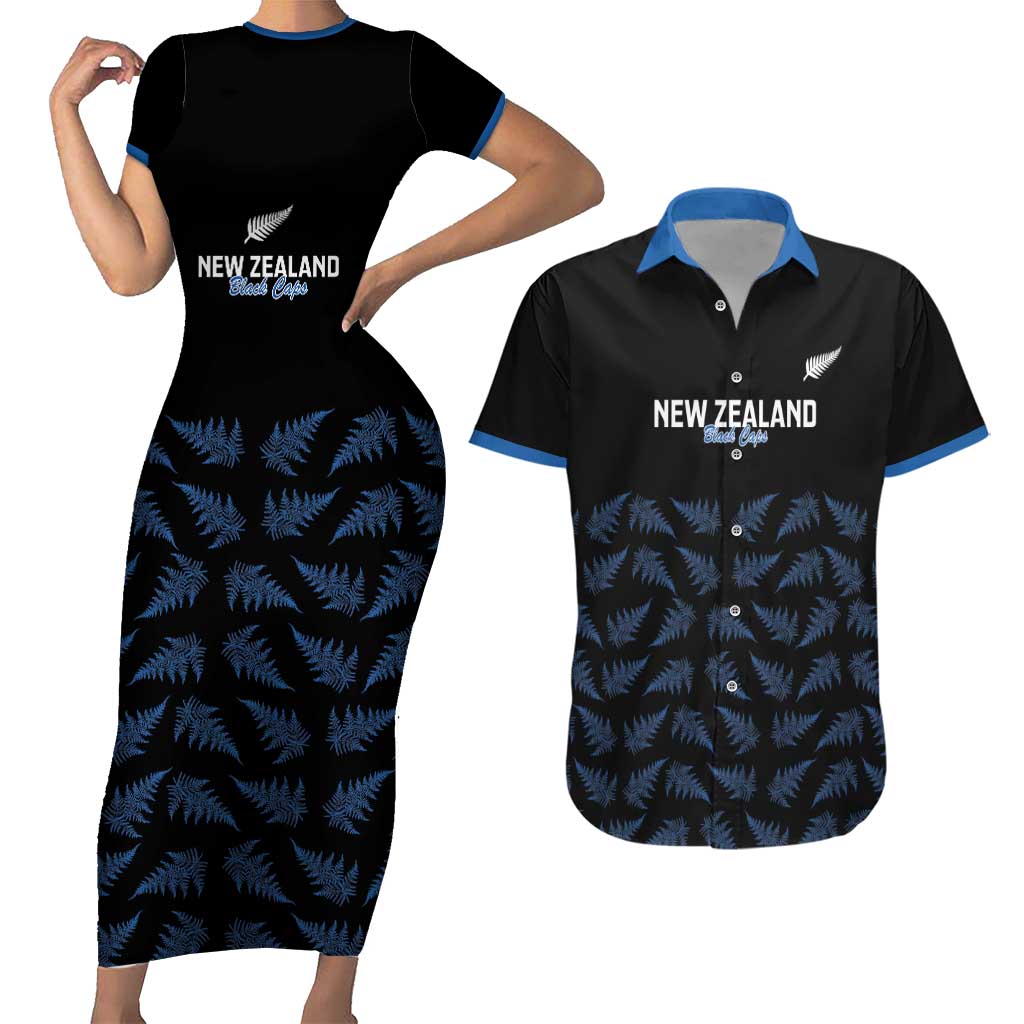 New Zealand Silver Fern Cricket Custom Couples Matching Short Sleeve Bodycon Dress and Hawaiian Shirt Black Cap T20 Version - Polynesian Pride