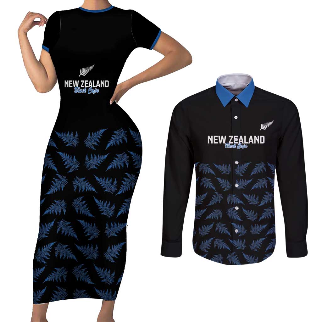 New Zealand Silver Fern Cricket Custom Couples Matching Short Sleeve Bodycon Dress and Long Sleeve Button Shirt Black Cap T20 Version - Polynesian Pride