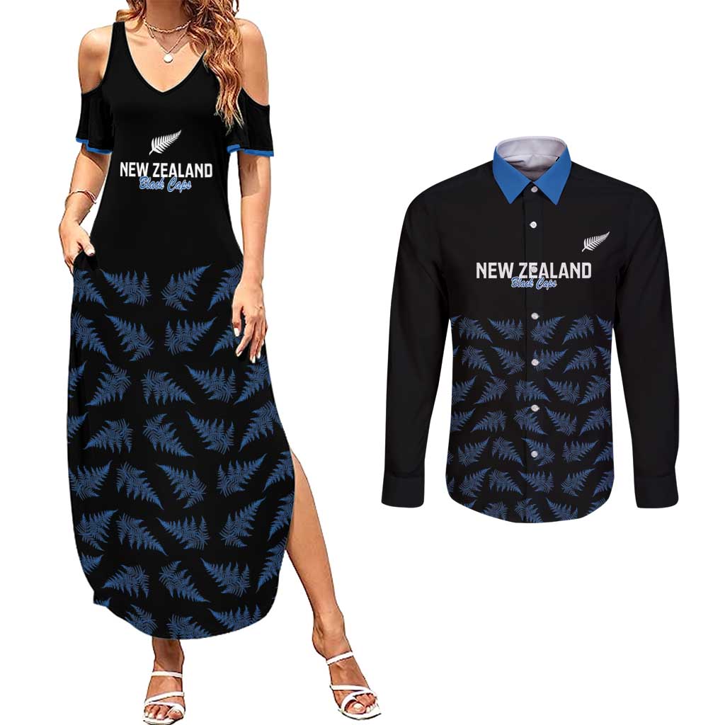 New Zealand Silver Fern Cricket Custom Couples Matching Summer Maxi Dress and Long Sleeve Button Shirt Black Cap T20 Version - Polynesian Pride