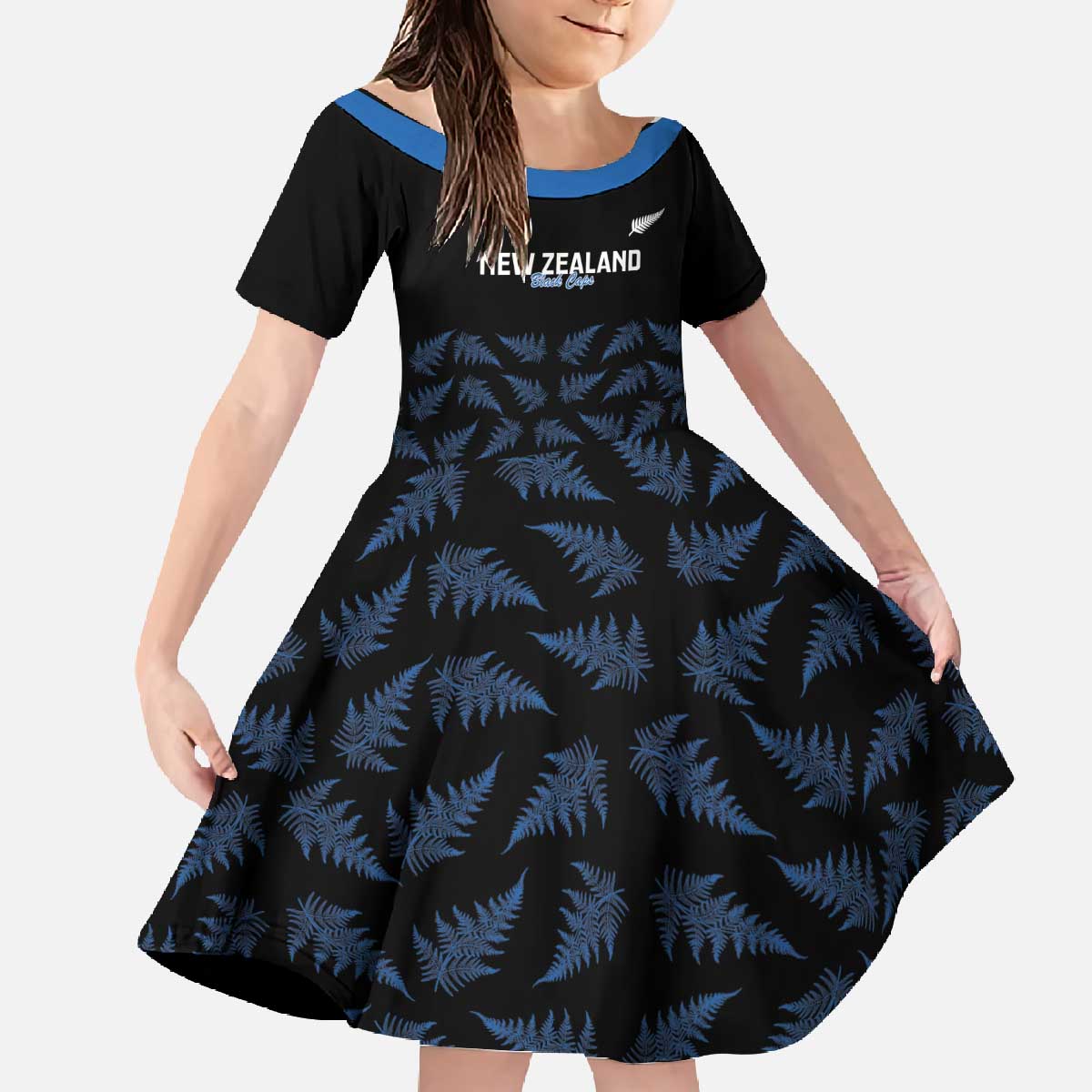 New Zealand Silver Fern Cricket Custom Family Matching Off The Shoulder Long Sleeve Dress and Hawaiian Shirt Black Cap T20 Version - Polynesian Pride