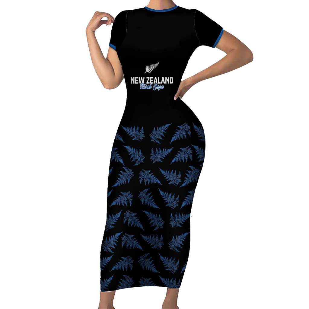 New Zealand Silver Fern Cricket Custom Family Matching Short Sleeve Bodycon Dress and Hawaiian Shirt Black Cap T20 Version - Polynesian Pride