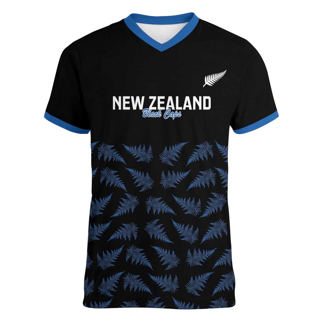 New Zealand Silver Fern Cricket Custom Women V-Neck T-Shirt Black Cap T20 Version - Polynesian Pride