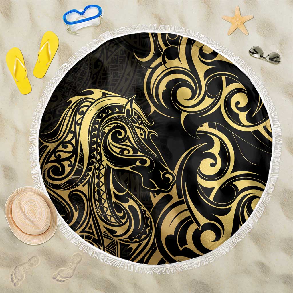 Gold And Black Aotearoa Horse Racing Beach Blanket NZ Maori Pattern LT14 One Size 150cm Black - Polynesian Pride