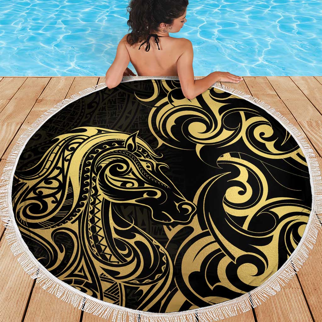 Gold And Black Aotearoa Horse Racing Beach Blanket NZ Maori Pattern LT14 - Polynesian Pride