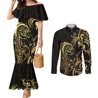 Gold And Black Aotearoa Horse Racing Couples Matching Mermaid Dress and Long Sleeve Button Shirt NZ Maori Pattern LT14 Black - Polynesian Pride