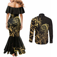 Gold And Black Aotearoa Horse Racing Couples Matching Mermaid Dress and Long Sleeve Button Shirt NZ Maori Pattern LT14 - Polynesian Pride