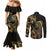 Gold And Black Aoteara Horse Racing Couples Matching Mermaid Dress and Long Sleeve Button Shirt NZ Maori Pattern