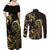 Gold And Black Aoteara Horse Racing Couples Matching Off Shoulder Maxi Dress and Long Sleeve Button Shirt NZ Maori Pattern