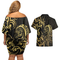 Gold And Black Aotearoa Horse Racing Couples Matching Off Shoulder Short Dress and Hawaiian Shirt NZ Maori Pattern LT14 - Polynesian Pride