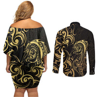 Gold And Black Aotearoa Horse Racing Couples Matching Off Shoulder Short Dress and Long Sleeve Button Shirt NZ Maori Pattern LT14 - Polynesian Pride