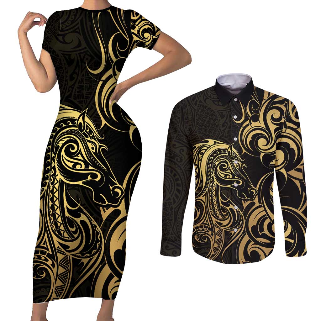 Gold And Black Aotearoa Horse Racing Couples Matching Short Sleeve Bodycon Dress and Long Sleeve Button Shirt NZ Maori Pattern LT14 Black - Polynesian Pride