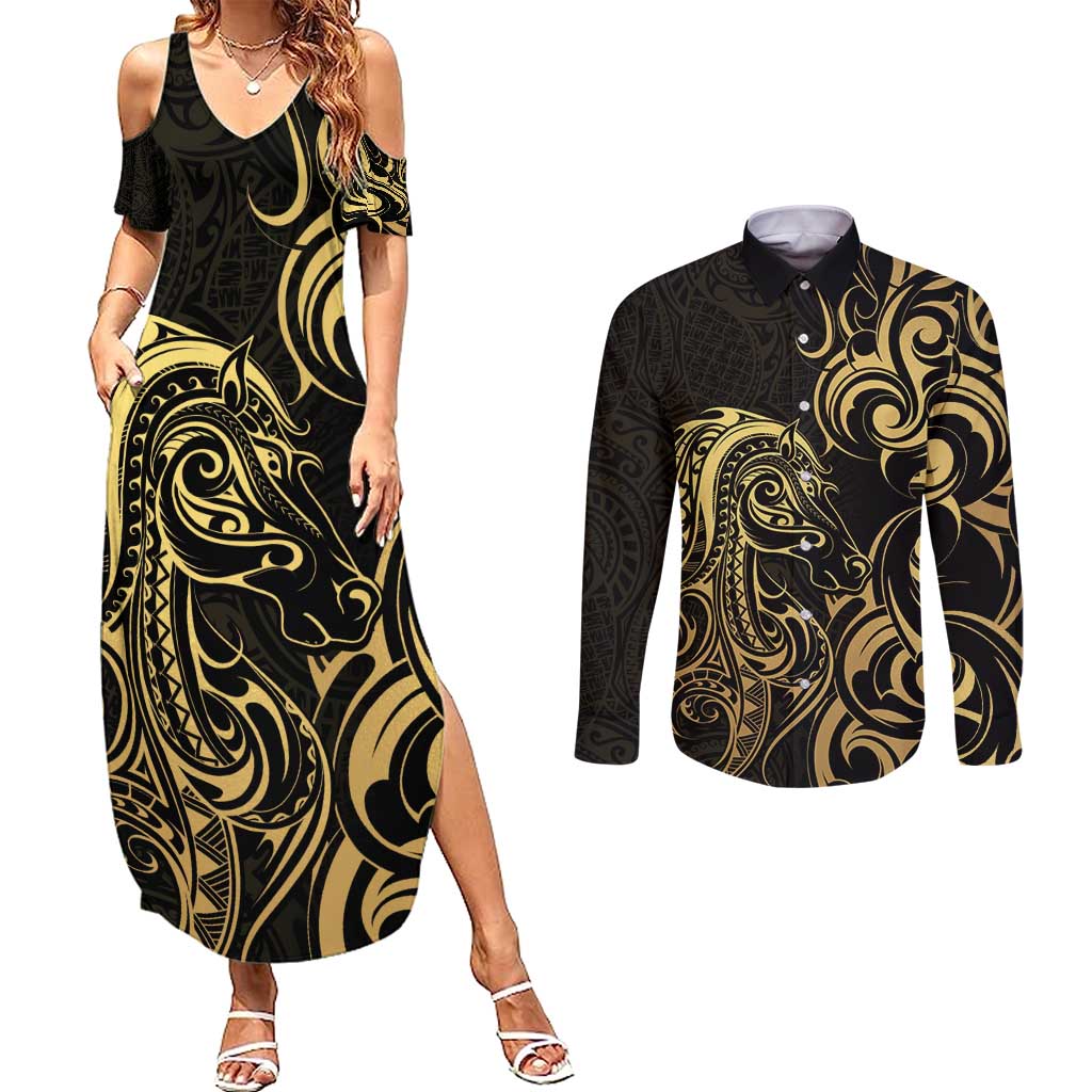 Gold And Black Aotearoa Horse Racing Couples Matching Summer Maxi Dress and Long Sleeve Button Shirt NZ Maori Pattern LT14 Black - Polynesian Pride