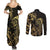 Gold And Black Aoteara Horse Racing Couples Matching Summer Maxi Dress and Long Sleeve Button Shirt NZ Maori Pattern