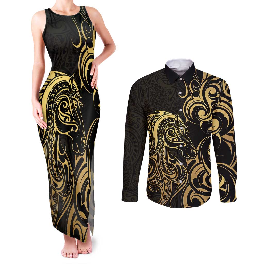 Gold And Black Aotearoa Horse Racing Couples Matching Tank Maxi Dress and Long Sleeve Button Shirt NZ Maori Pattern LT14 Black - Polynesian Pride