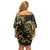 Gold And Black Aoteara Horse Racing Family Matching Off Shoulder Short Dress and Hawaiian Shirt NZ Maori Pattern