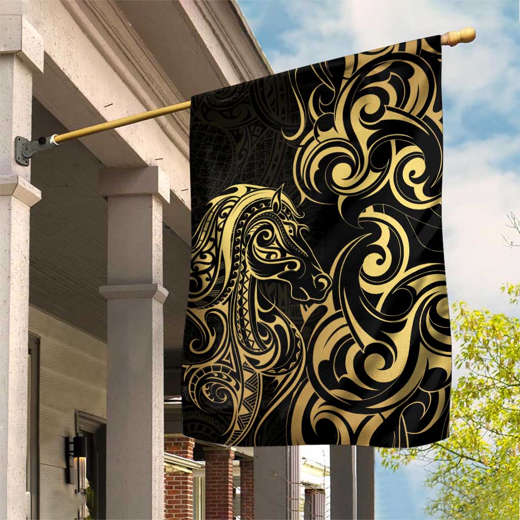 Gold And Black Aotearoa Horse Racing Garden Flag NZ Maori Pattern LT14 House Flag Black - Polynesian Pride