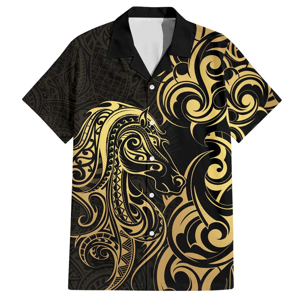 Gold And Black Aotearoa Horse Racing Hawaiian Shirt NZ Maori Pattern LT14 Black - Polynesian Pride