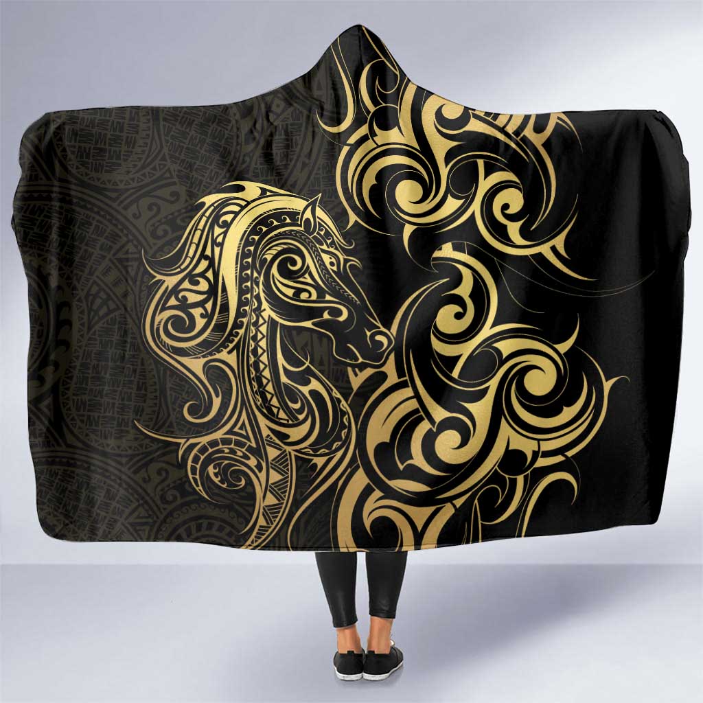 Gold And Black Aotearoa Horse Racing Hooded Blanket NZ Maori Pattern LT14 One Size Black - Polynesian Pride