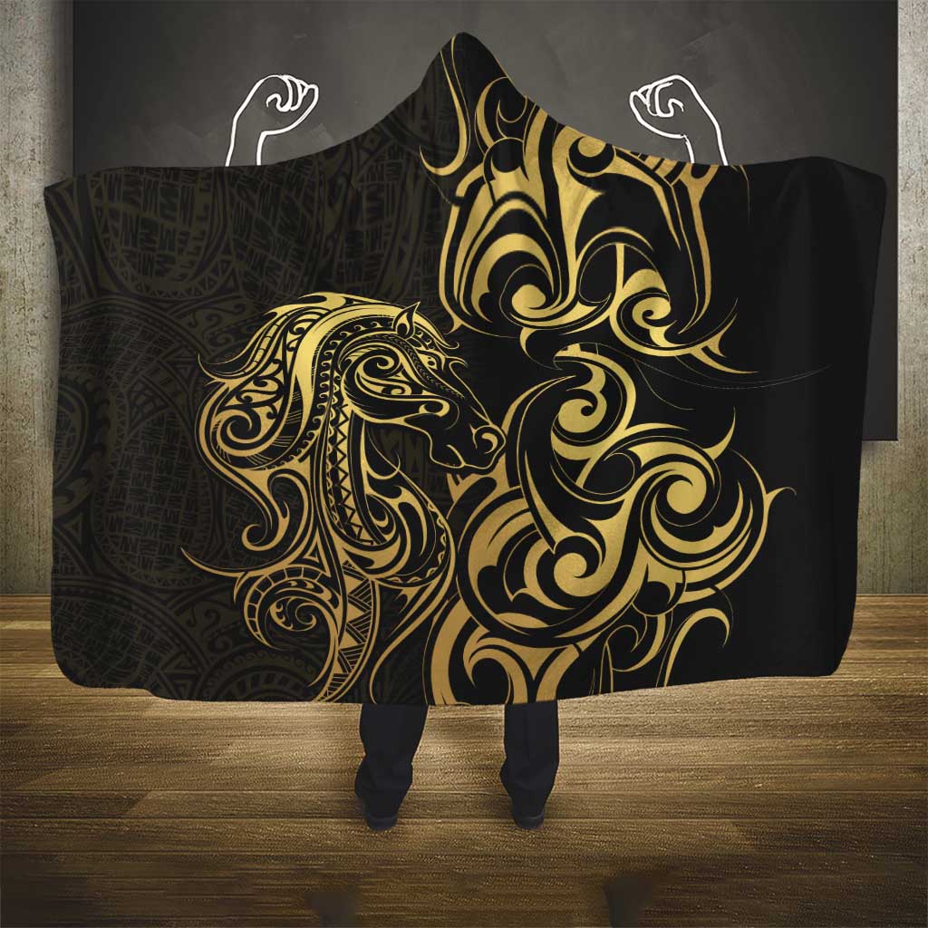 Gold And Black Aotearoa Horse Racing Hooded Blanket NZ Maori Pattern LT14 - Polynesian Pride