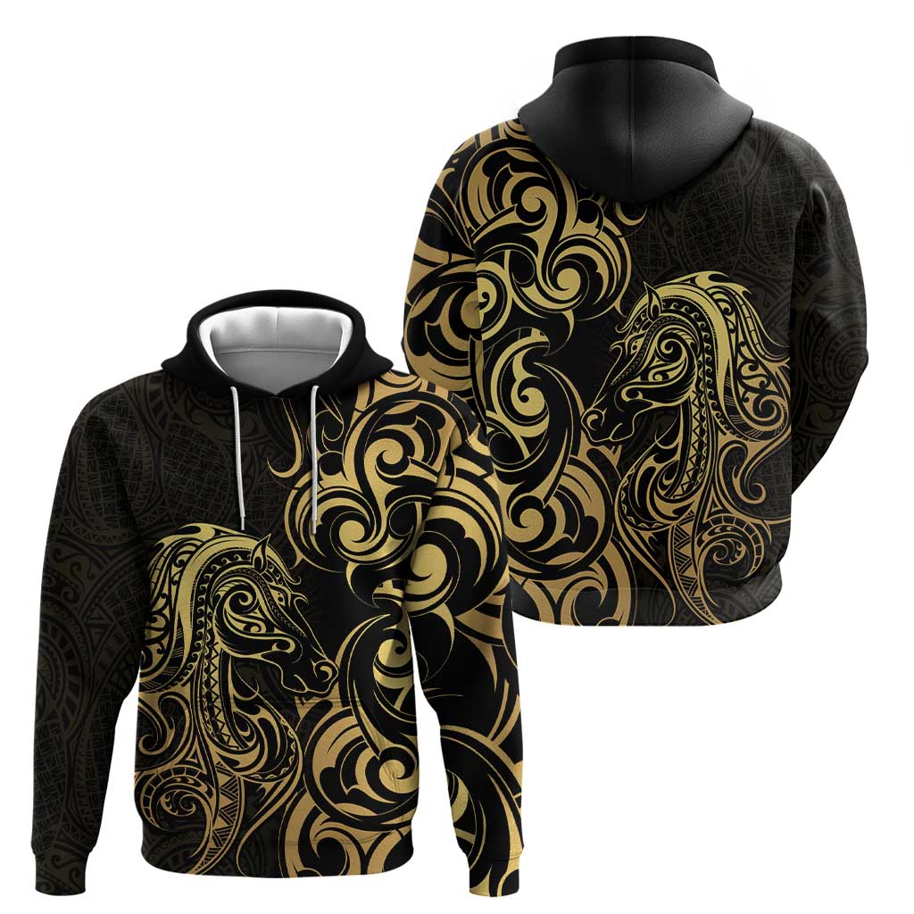 Gold And Black Aoteara Horse Racing Hoodie NZ Maori Pattern
