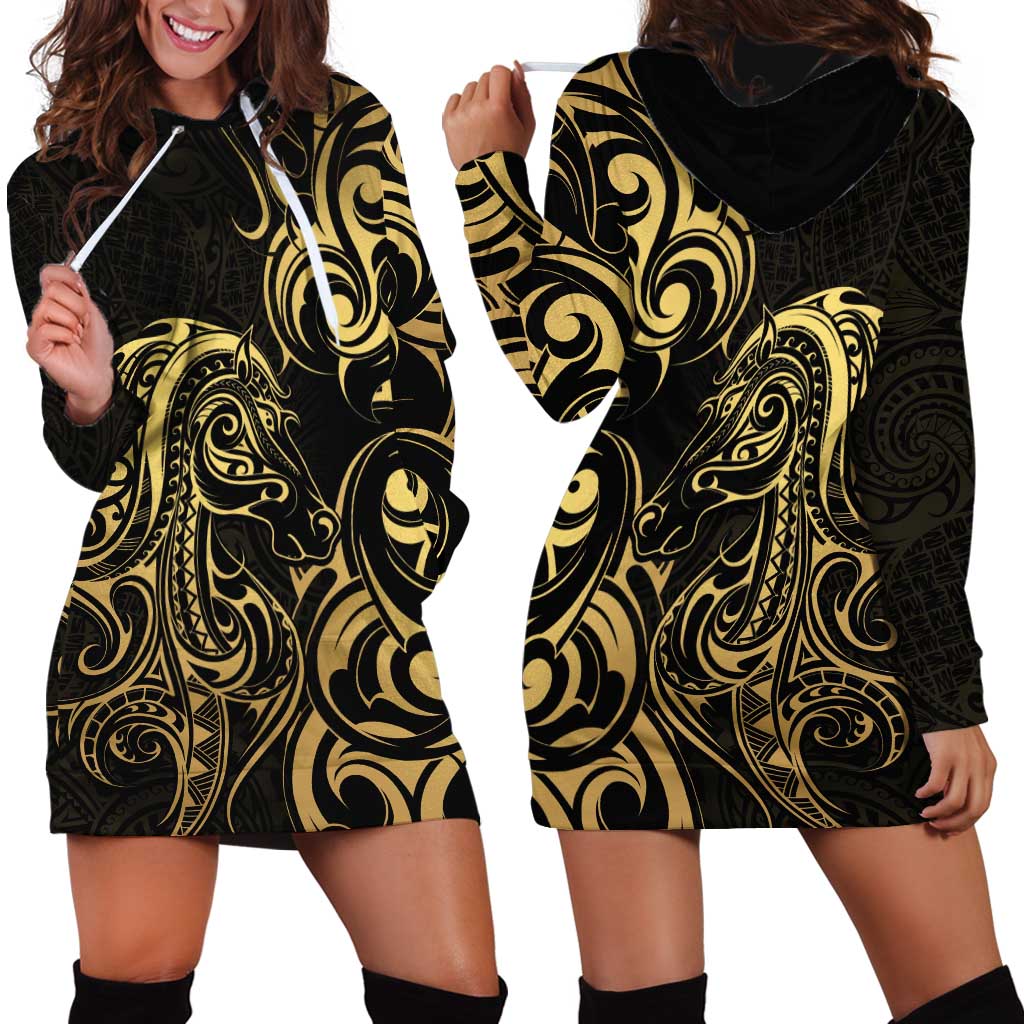 Gold And Black Aotearoa Horse Racing Hoodie Dress NZ Maori Pattern LT14 - Polynesian Pride