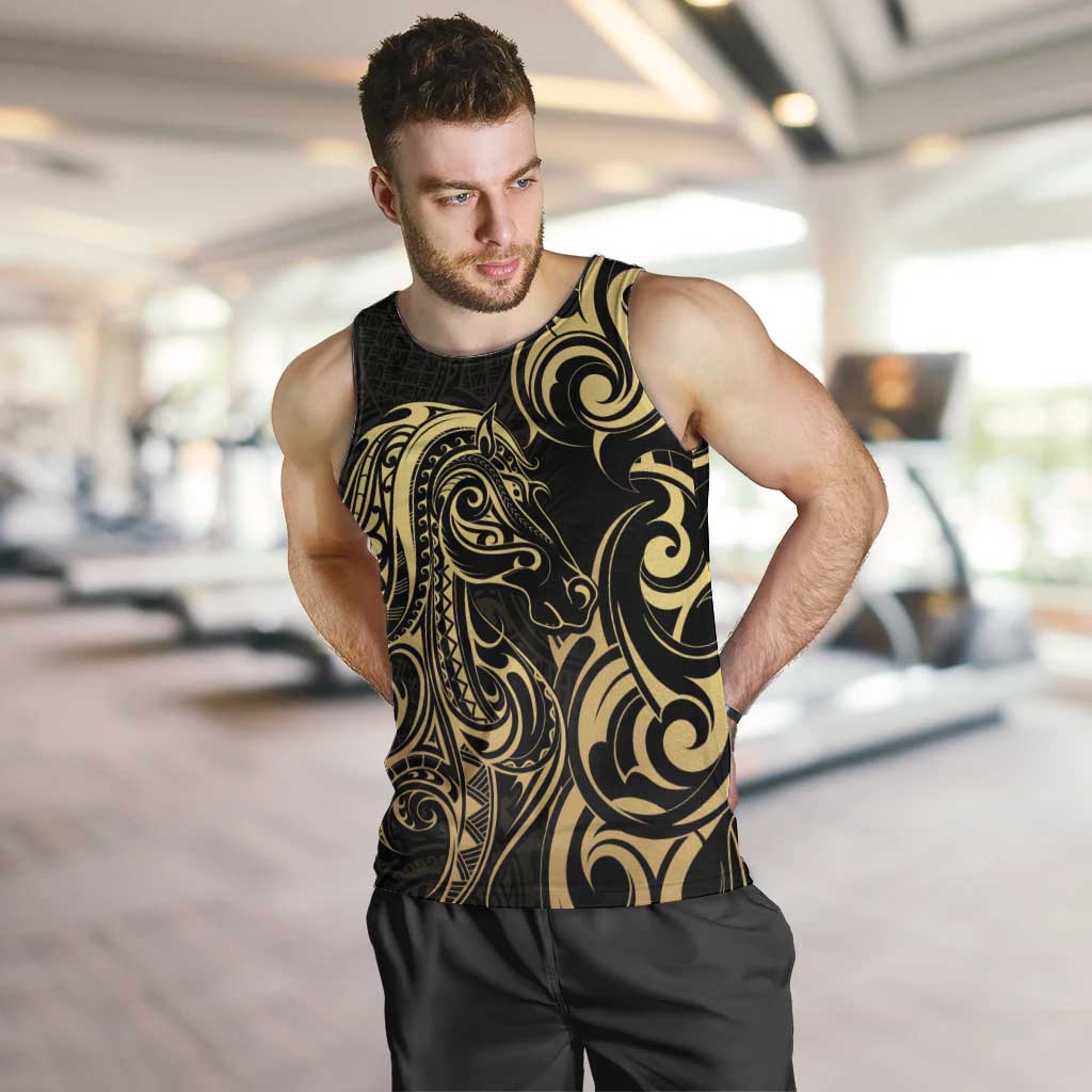 Gold And Black Aotearoa Horse Racing Men Tank Top NZ Maori Pattern LT14 Black - Polynesian Pride