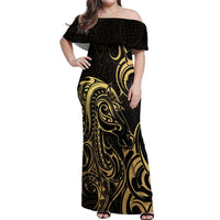 Gold And Black Aotearoa Horse Racing Off Shoulder Maxi Dress NZ Maori Pattern LT14 Women Black - Polynesian Pride