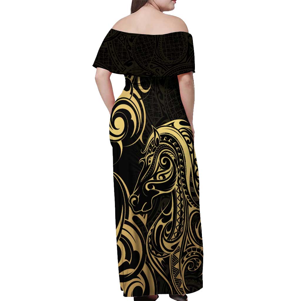 Gold And Black Aotearoa Horse Racing Off Shoulder Maxi Dress NZ Maori Pattern LT14 - Polynesian Pride
