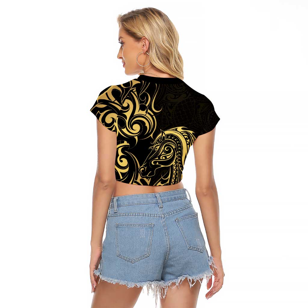 Gold And Black Aotearoa Horse Racing Raglan Cropped T Shirt NZ Maori Pattern LT14 - Polynesian Pride
